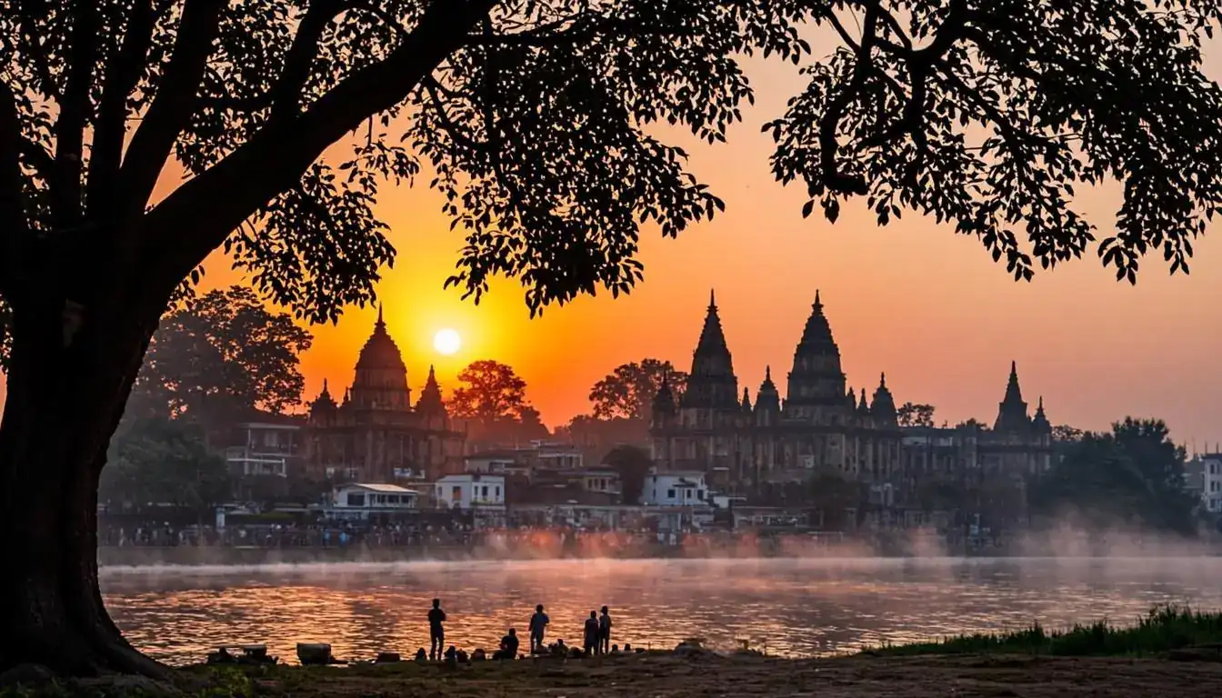 Golden dawn over a serene North-Indian temple town with stupas, a bodhi tree and pilgrim silhouettes